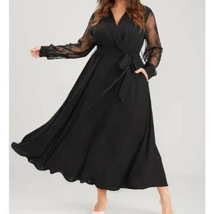 42 BLOOMCHIC Solid Lace Lantern Sleeve Lapel Collar Belt Maxi Dress BLACK 1X new